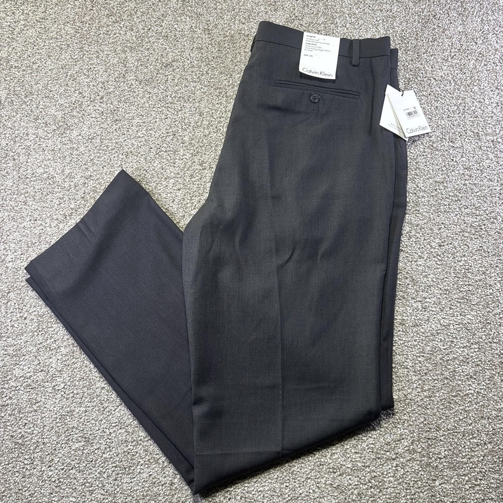 Calvin Klein Pants Mens 36x34 Gray Straight Fit Signature Dress Flat Front Suit